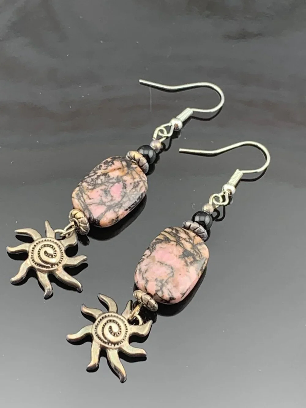 Pink & Black Rhodonite Stone Sun Charm Handmade Handcrafted Earrings LR164
